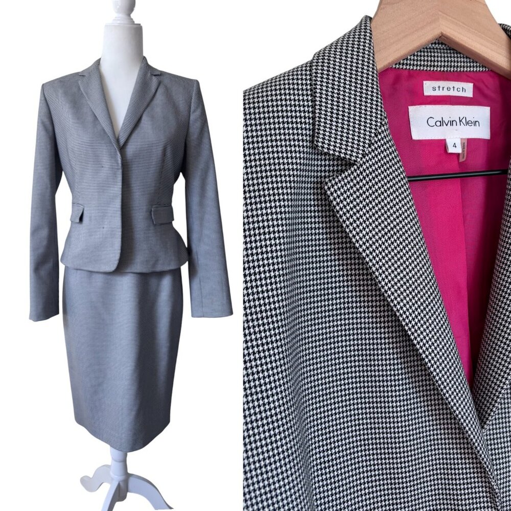 Calvin Klein Gray Houndstooth Skirt Suit with Pink Lining